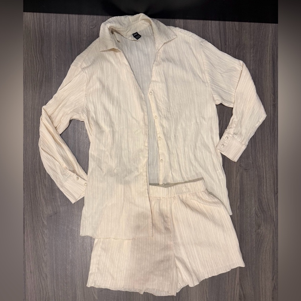 Shein Cream Button-Up Shirt and Shorts Set